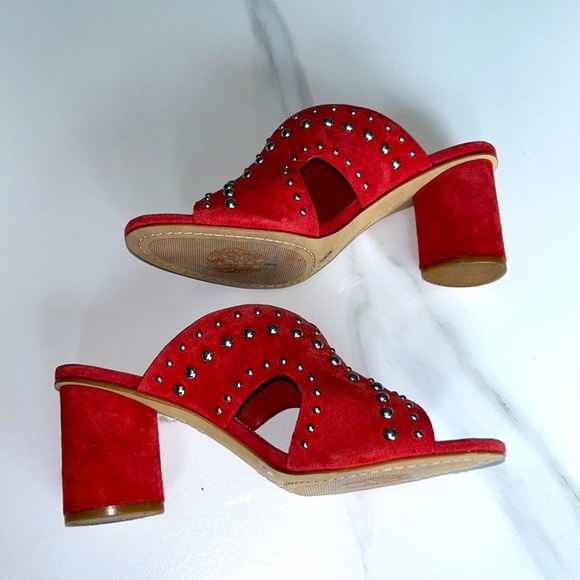Vince Camuto Red Chunky Heel Mules with Silver Studs - Picture 6 of 11